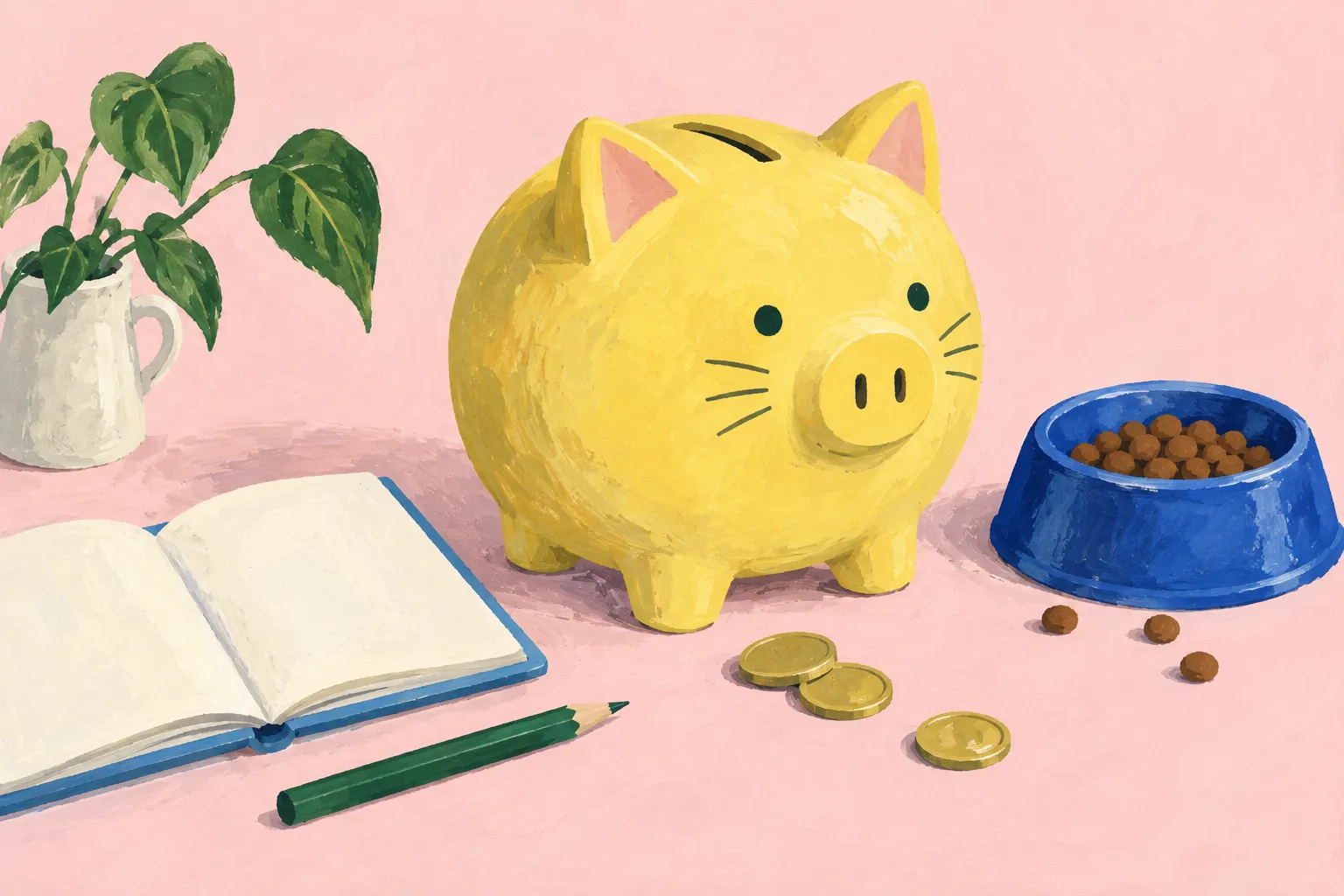 A yellow cat-shaped piggy bank beside a notebook and a blue pet bowl.